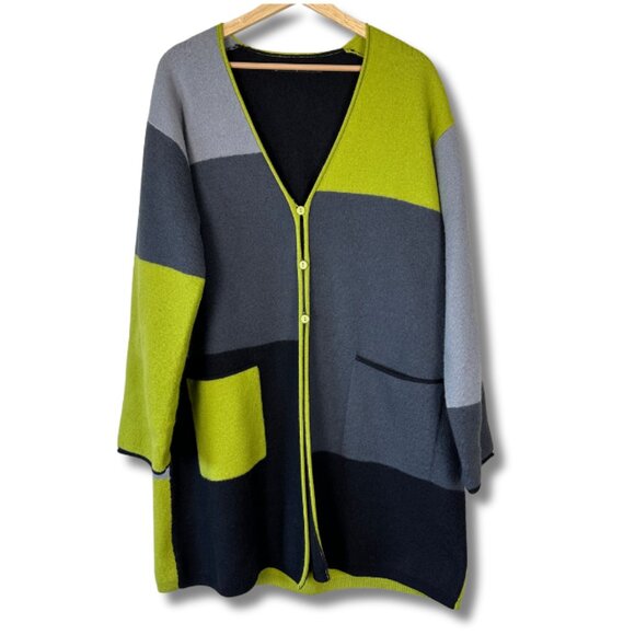 Gudrun Sjödén Womens Large Wool Cardigan Sweater Colorblock Boho Slow Fashion - Picture 1 of 4